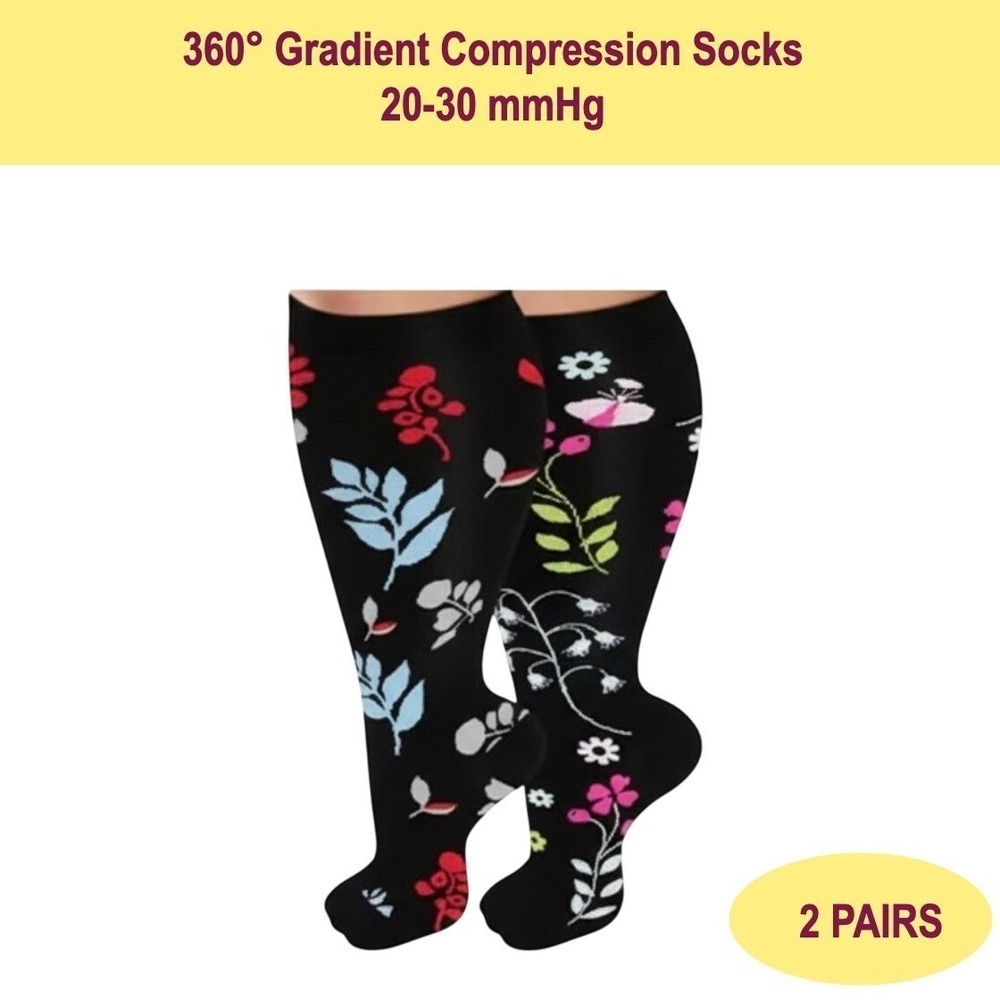Unisex 20-30 mmHg Compression Socks 4XL Floral Knee‎ High Medical Black 2 Pack